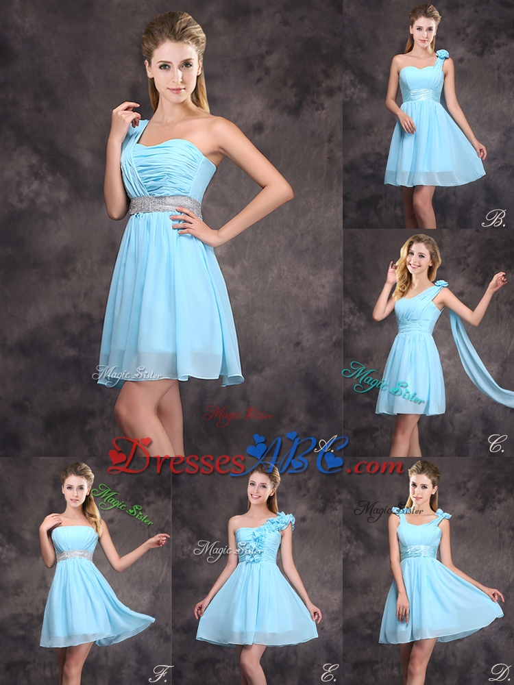 Fashionable One Shoulder Sequined Dama Dress in Baby Blue