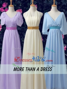 Exclusive Empire Chiffon V Neck Dama Dresses with Belt and Ruching