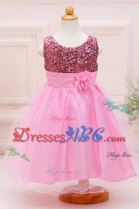 Luxurious Ball Gown Rose Pink Sequins Long Flower Girl Dress in Tulle