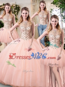 Perfect Puffy Skirt Tulle Peach Removable Quinceanera Dresses with Beaded Bodice