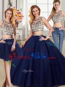Gorgeous Two Piece Scoop Navy Blue Removable Quinceanera Gowns with Brush Train