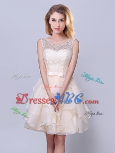 Beautiful Scoop Ruffled and Belted Champagne Short Dama Dress in Organza