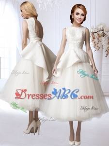 Modest Tea Length A Line Backless Wedding Dress with Appliques