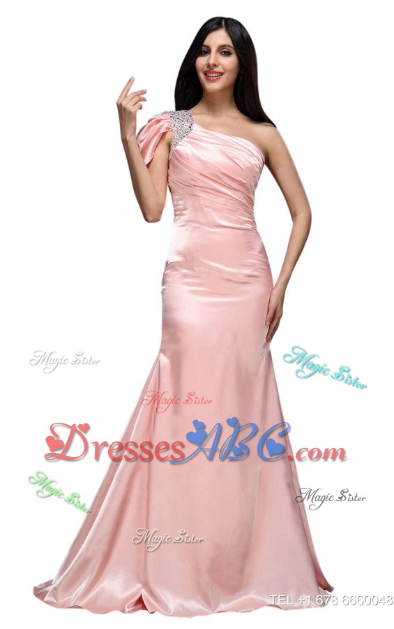 Column Baby Pink One Shoulder Beading And Ruching Celebrity Dress