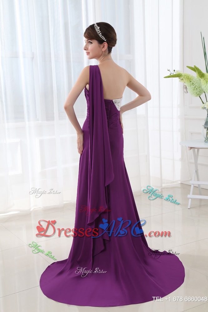 Empire Eggplant Purple Celebrity Dress With Watteau Trian Strain And Beading Ruching