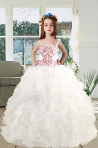 Spaghetti Straps Embroidery Ruffles White Organza Little Girl Pageant Dress