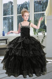 Fashionable Black Straps Sequins Ruffles Organza Little Girl Pageant Dress