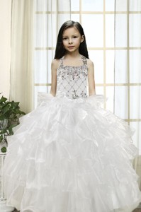 White Ball Gown Halter Little Girl Pageant Dress With Beading And Ruffles