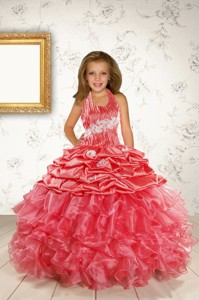 Exquisite Appliques And Ruffles Coral Red Flower Girl Dress Spring