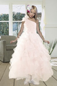 Gorgeous A Line One Shoulder Baby Pink Prom Dress With Beading And Ruffles