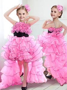 New Spaghetti Straps High Low Flower Girl Dress with Ruffles and Belt 