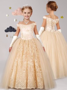 Classical Off the Shoulder Cap Sleeves Champagne Flower Girl Dress with Lace 