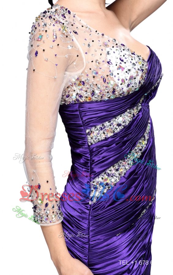 Column Eggplant Purple One Shoulder Long Sleeves Beading Mini-length Party Dress