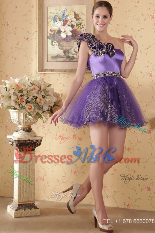 Eggplant Princess One Shoulder Mini-length Hand Flowers And Beading Prom Cocktial Dress