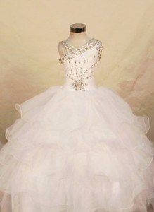 Beautiful White Ball Gown Organza One Shoulder Floor-length Beading Little Girl Pageant Dress