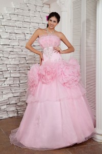Simple Baby Pink Pageant Dress Strapless Organza Beading Floor-length