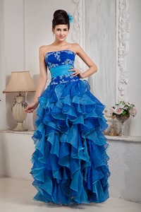 Exclusive Blue Empire Pageant Dress Strapless Organza Appliques Floor-length