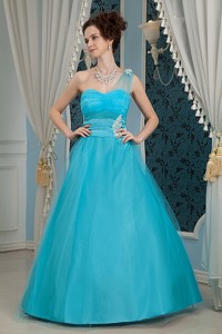 Elegant Sky Blue Pageant Dress One Shoulder Tulle And Taffeta Appliques Floor-length