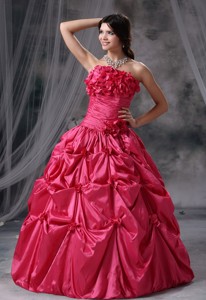 Panora Iowa Hand Made Flowers and Pick-ups Decorate Bodice Ruch Ball Gown Floor-length Coral Red Str
