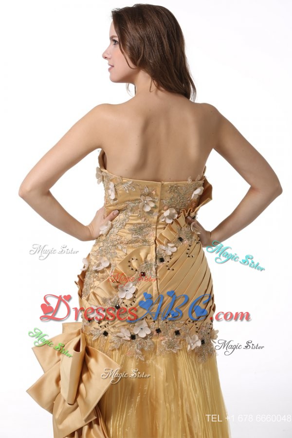 Bowknot Unique Sweetheart Gold Pageant Dress With Beading And Flowers