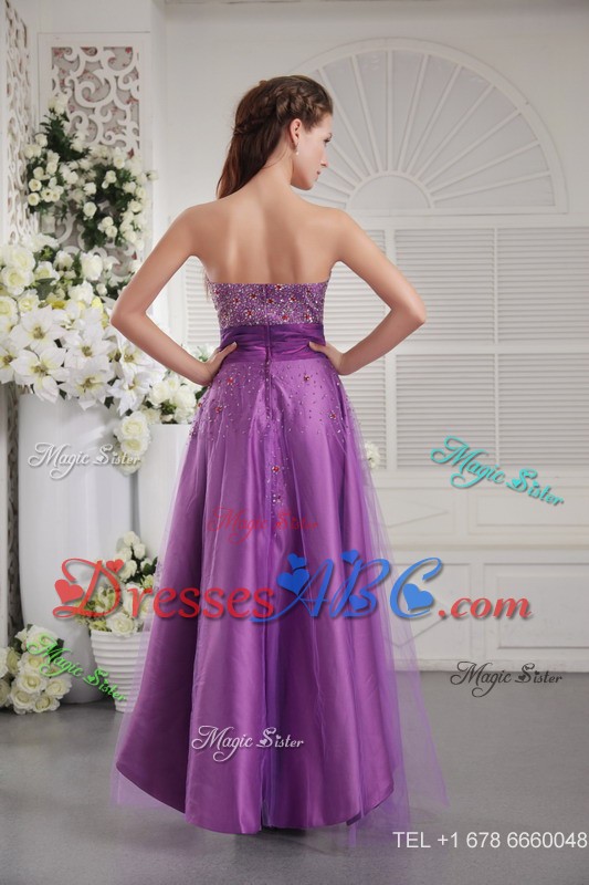 Eggplant Purple Princess Strapless Floor-length Tulle and Taffeta Beading Prom / Graduation Dress