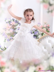 Gorgeous Ruffled Layers White Girl Pageant Dress With Hand Made Flower