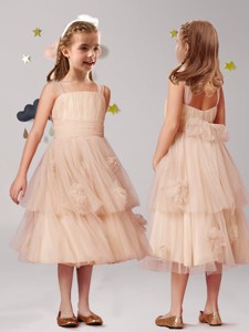 Wonderful Straps Champagne Flower Girl Dress with Appliques and Ruffled Layers 