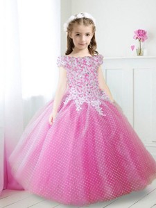 Cheap Off the Shoulder Cap Sleeves Flower Girl Dress with Appliques and Beading 
