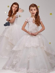 Unique Scoop Short Sleeves White Flower Girl Dress with Lace 