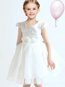 Best Organza Cap Sleeves White Flower Girl Dress with Applique and Bowknot 