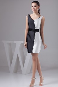 Beautiful V-neck Black And White Nightclub Dress With Wide Sash And Beading