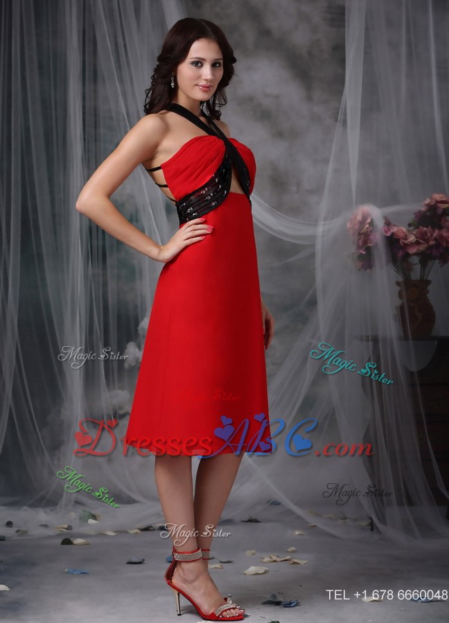 Red And Black Column V-neck Tea-length Chiffon Beading Nightclub Dress