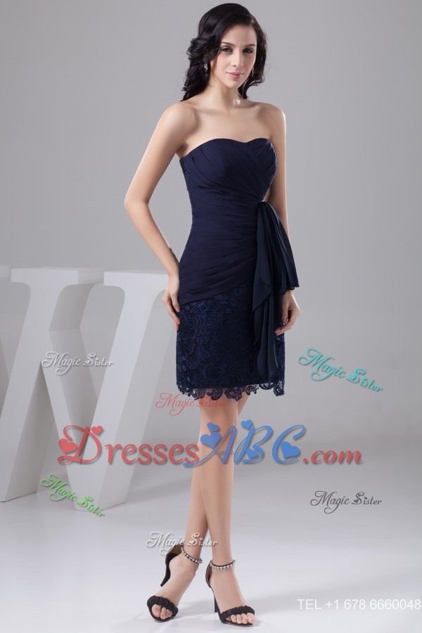 Navy Blue Bowknot Decorate Nightclub Gown Dress In Chiffon And Lace
