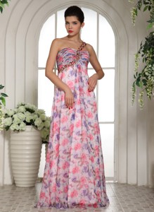 Beaded Decorate One Shoulder Printing Chiffon Celebrity Maxi Dress For Custom Made