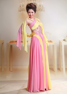 Unique Baby Pink And Yellow Chiffon Cross Neck Maxi / Evening Dress For Custom Made In Pulloxhill Be