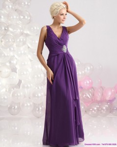 Elegant V Neck Floor Length Holiday Dress With Beading And Ruching