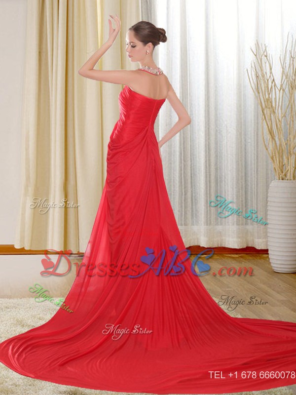 Fashionable Halter Beading Red Holiday Dress With Chapel Train