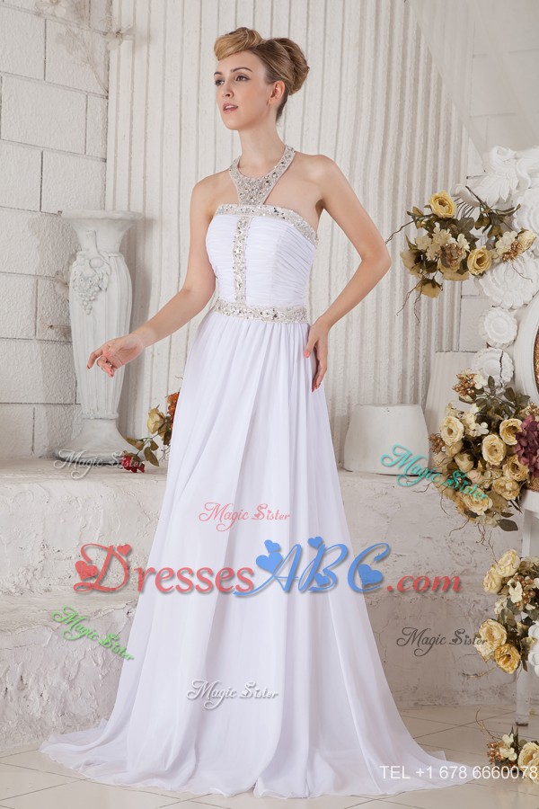 Unique White Halter Top Chiffon Holiday Dress With Beading