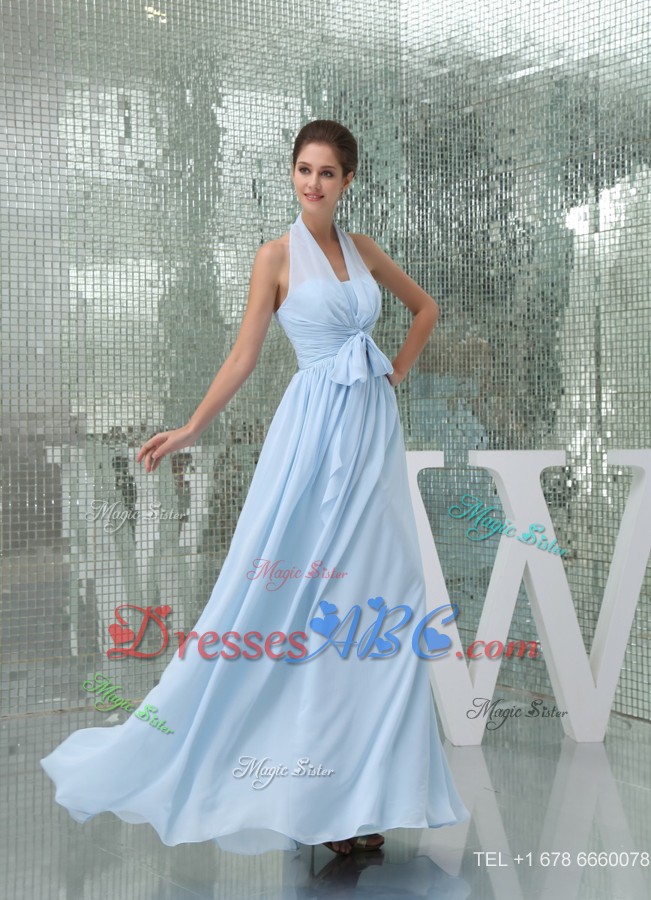 Light Blue Halter Ruches Sash Long Holiday Gown Dress