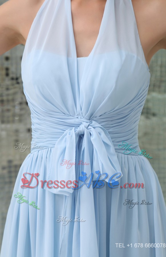 Light Blue Halter Ruches Sash Long Holiday Gown Dress