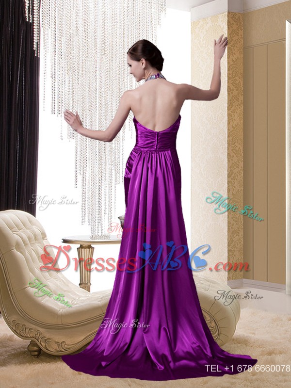 Eggplant Purple Halter Beading And Appliques Holiday Dress With Brush Train