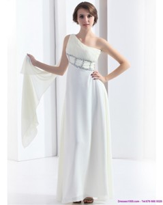 New Style One Shoulder White Prom Dress With Watteau Train And Beading