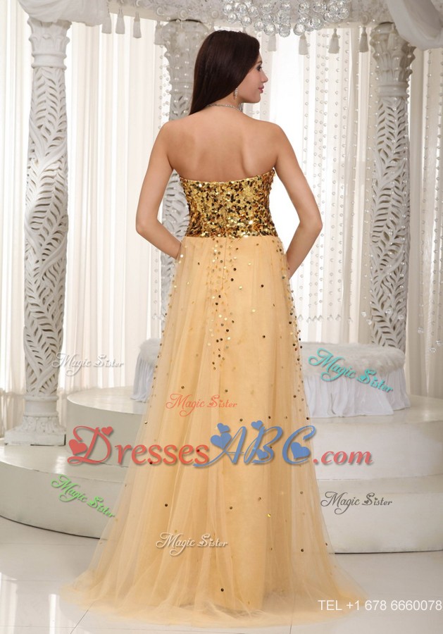Gold Empire Sweetheart Brush Train Tulle Sequins Prom Dress