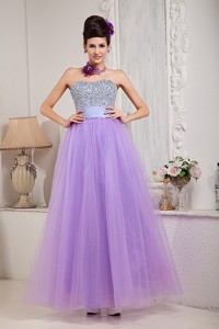 Exquisite Lavender Sweet 16 Dress Princess Strapless Beading Floor-length Tulle