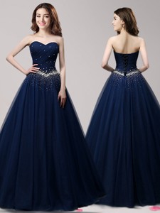 Lovely A Line Navy Blue Tulle Sweet 16 Dress With Beading