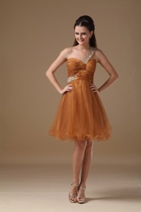 Brown One Shoulder Mini-length Organza Beading Sweet 16 Dress