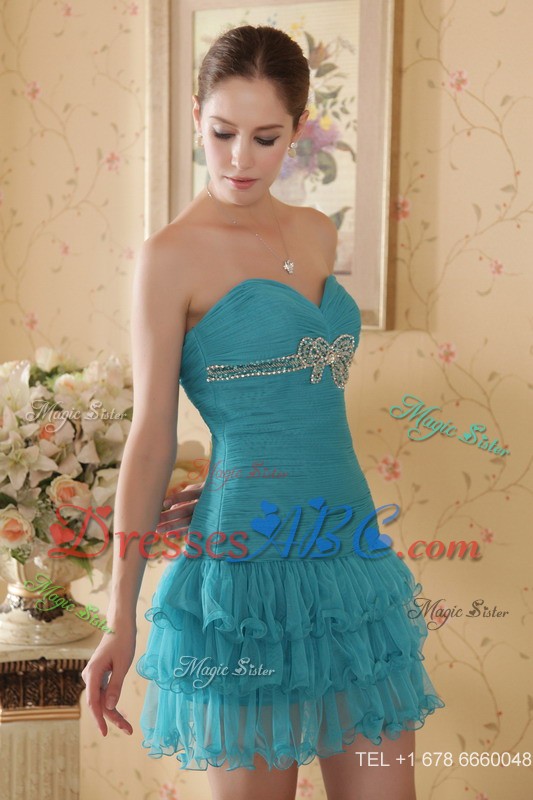 Teal Column Sweetheart Mini-length Organza Beading And Ruch Prom / Sweet 15 Dress