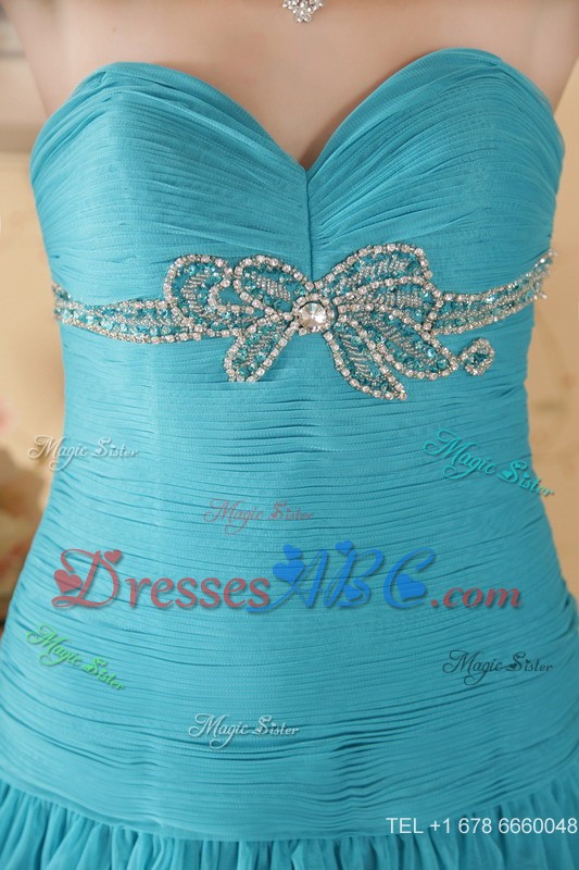 Teal Column Sweetheart Mini-length Organza Beading And Ruch Prom / Sweet 15 Dress