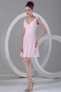 Pink V-neck Mini-length Ruching Chiffon Homecoming Dress