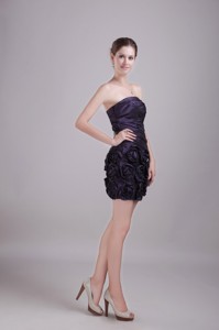 Purple Column/sheath Strapless Mini-length Taffeta Handle-made Flower Homecoming Dress